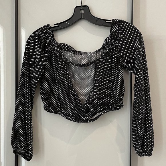 Bcbgeneration Polka Dot Off-the-shoulder Cropped Top In Black - Picture 7 of 9